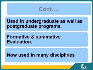 Cont….
Used in undergraduate as well as
postgraduate programs.
Formative & summative
Evaluation.
Now used in many disciplines
 
