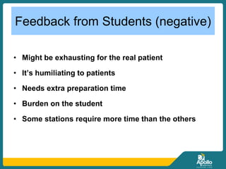Feedback from Students (negative)
• Might be exhausting for the real patient
• It’s humiliating to patients
• Needs extra preparation time
• Burden on the student
• Some stations require more time than the others
 