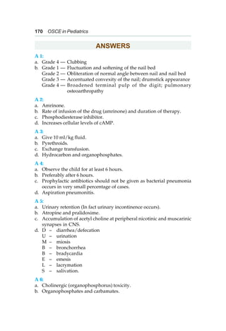 170 OSCE in Pediatrics
ANSWERS
A 1:
a. Grade 4 — Clubbing
b. Grade 1 — Fluctuation and softening of the nail bed
Grade 2 — Obliteration of normal angle between nail and nail bed
Grade 3 — Accentuated convexity of the nail; drumstick appearance
Grade 4 — Broadened terminal pulp of the digit; pulmonary
osteoarthropathy
A 2:
a. Amrinone.
b. Rate of infusion of the drug (amrinone) and duration of therapy.
c. Phosphodiesterase inhibitor.
d. Increases cellular levels of cAMP.
A 3:
a. Give 10 ml/kg fluid.
b. Pyrethroids.
c. Exchange transfusion.
d. Hydrocarbon and organophosphates.
A 4:
a. Observe the child for at least 6 hours.
b. Preferably after 6 hours.
c. Prophylactic antibiotics should not be given as bacterial pneumonia
occurs in very small percentage of cases.
d. Aspiration pneumonitis.
A 5:
a. Urinary retention (In fact urinary incontinence occurs).
b. Atropine and pralidoxime.
c. Accumulation of acetyl choline at peripheral nicotinic and muscarinic
synapses in CNS.
d. D – diarrhea/defecation
U – urination
M – miosis
B – bronchorrhea
B – bradycardia
E – emesis
L – lacrymation
S – salivation.
A 6:
a. Cholinergic (organophosphorus) toxicity.
b. Organophosphates and carbamates.
 