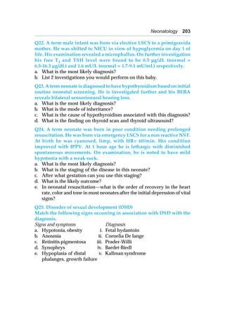 Neonatology 203
Q22. A term male infant was born via elective LSCS to a primigravida
mother. He was shifted to NICU in view of hypoglycemia on day 1 of
life. His examination revealed a microphallus. On further investigation
his free T4 and TSH level were found to be 0.5 μμμμμg/dL (normal =
6.5-16.3 μg/dL) and 1.6 mU/L (normal = 1.7-9.1 mU/mL) respectively.
a. What is the most likely diagnosis?
b. List 2 investigations you would perform on this baby.
Q23. A term neonate is diagnosed to have hypothyroidism based on initial
routine neonatal screening. He is investigated further and his BERA
reveals bilateral sensorineural hearing loss.
a. What is the most likely diagnosis?
b. What is the mode of inheritance?
c. What is the cause of hypothyroidism associated with this diagnosis?
d. What is the finding on thyroid scan and thyroid ultrasound?
Q24. A term neonate was born in poor condition needing prolonged
resuscitation. He was born via emergency LSCS for a non reactive NST.
At birth he was cyanosed, limp, with HR< 60/min. His condition
improved with IPPV. At 1 hour age he is lethargic with diminished
spontaneous movements. On examination, he is noted to have mild
hypotonia with a weak suck.
a. What is the most likely diagnosis?
b. What is the staging of the disease in this neonate?
c. After what gestation can you use this staging?
d. What is the likely outcome?
e. In neonatal resuscitation—what is the order of recovery in the heart
rate, color and tone in most neonates after the initial depression of vital
signs?
Q25. Disorder of sexual development (DSD)
Match the following signs occurring in association with DSD with the
diagnosis.
Signs and symptoms Diagnosis
a. Hypotonia, obesity i. Fetal hydantoin
b. Anosmia ii. Cornelia De lange
c. Retinitis pigmentosa iii. Prader-Willi
d. Synophrys iv. Bardet-Biedl
e. Hypoplasia of distal v. Kallman syndrome
phalanges, growth failure
 