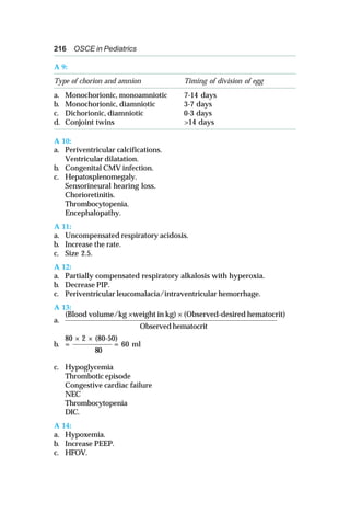 216 OSCE in Pediatrics
A 9:
Type of chorion and amnion Timing of division of egg
a. Monochorionic, monoamniotic 7-14 days
b. Monochorionic, diamniotic 3-7 days
c. Dichorionic, diamniotic 0-3 days
d. Conjoint twins >14 days
A 10:
a. Periventricular calcifications.
Ventricular dilatation.
b. Congenital CMV infection.
c. Hepatosplenomegaly.
Sensorineural hearing loss.
Chorioretinitis.
Thrombocytopenia.
Encephalopathy.
A 11:
a. Uncompensated respiratory acidosis.
b. Increase the rate.
c. Size 2.5.
A 12:
a. Partially compensated respiratory alkalosis with hyperoxia.
b. Decrease PIP.
c. Periventricular leucomalacia/intraventricular hemorrhage.
A 13:
(Blood volume/kg ×weight in kg) × (Observed-desired hematocrit)
a. ___________________________________________________________________________
Observed hematocrit
80 × 2 × (80-50)
b. = _______________ = 60 ml
80
c. Hypoglycemia
Thrombotic episode
Congestive cardiac failure
NEC
Thrombocytopenia
DIC.
A 14:
a. Hypoxemia.
b. Increase PEEP.
c. HFOV.
 
