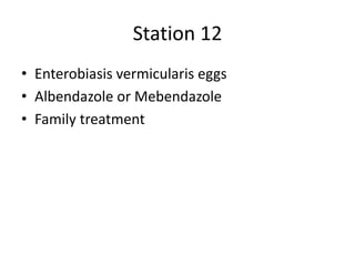 Station 12
• Enterobiasis vermicularis eggs
• Albendazole or Mebendazole
• Family treatment
 