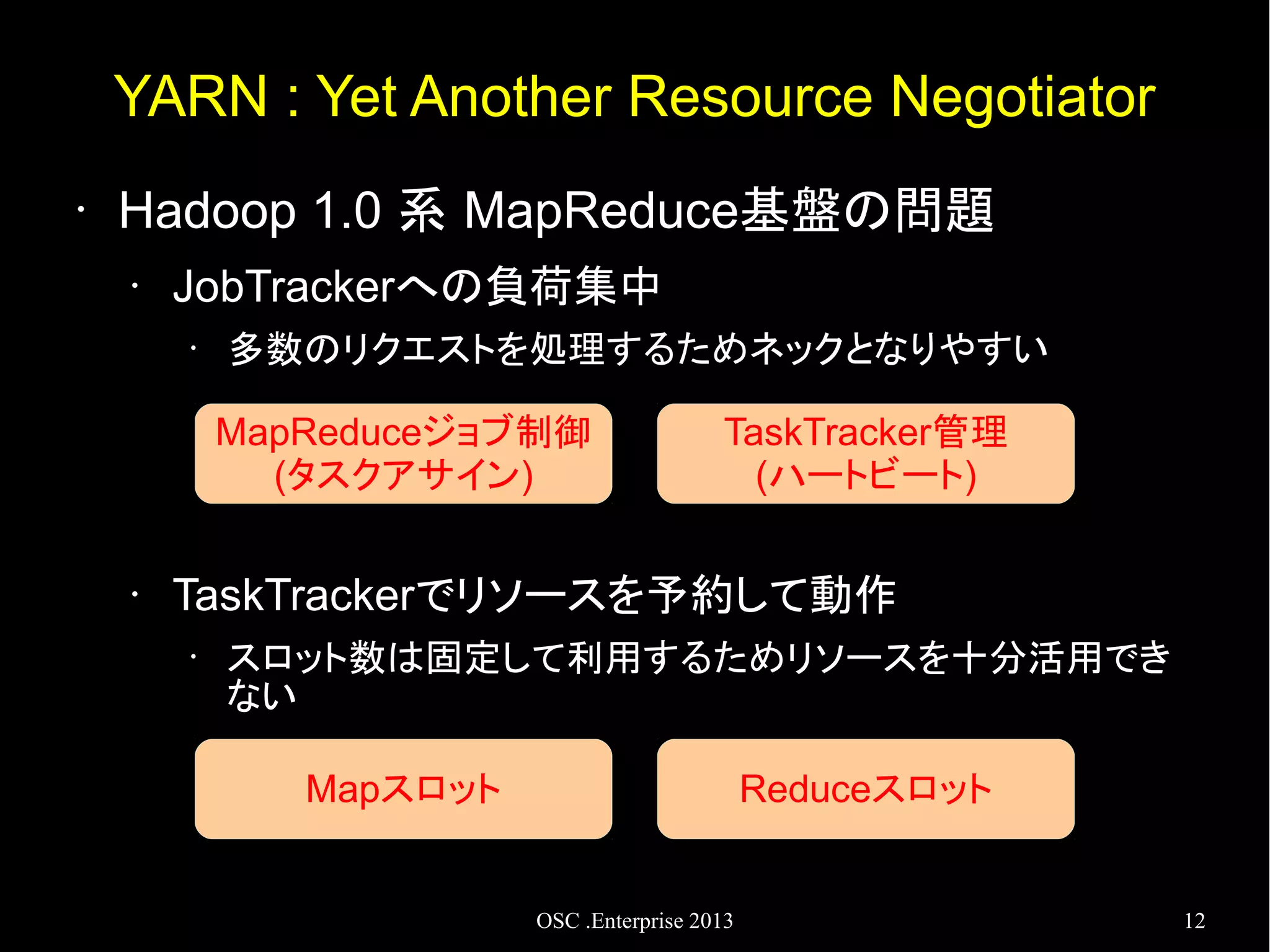 YARN : Yet Another Resource Negotiator
•

Hadoop 1.0 系 MapReduce基盤の問題
•

JobTrackerへの負荷集中
•

多数のリクエストを処理するためネックとなりやすい
MapReduceジョブ制御
(タスクアサイン)

•

TaskTracker管理
(ハートビート)

TaskTrackerでリソースを予約して動作
•

スロット数は固定して利用するためリソースを十分活用でき
ない
Mapスロット

Reduceスロット

OSC .Enterprise 2013

12

 