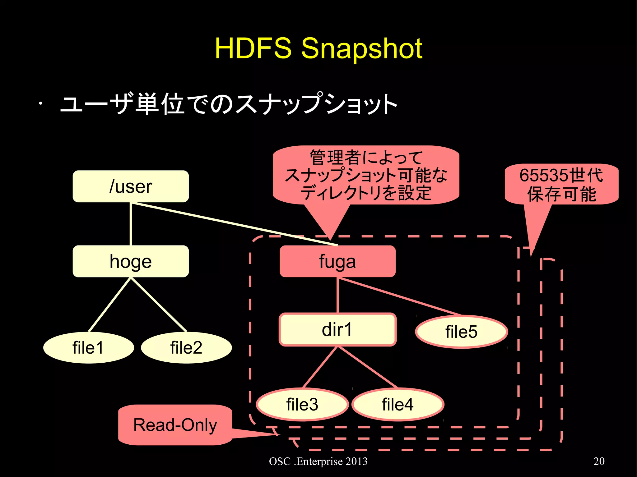 HDFS Snapshot
•

ユーザ単位でのスナップショット
管理者によって
スナップショット可能な
ディレクトリを設定

/user

hoge

file1

65535世代
保存可能

fuga
dir1

file2
file3

file5

file4

Read-Only
OSC .Enterprise 2013

20

 