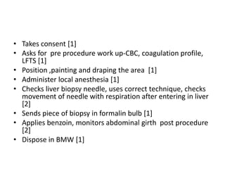 • Takes consent [1]
• Asks for pre procedure work up-CBC, coagulation profile,
LFTS [1]
• Position ,painting and draping the area [1]
• Administer local anesthesia [1]
• Checks liver biopsy needle, uses correct technique, checks
movement of needle with respiration after entering in liver
[2]
• Sends piece of biopsy in formalin bulb [1]
• Applies benzoin, monitors abdominal girth post procedure
[2]
• Dispose in BMW [1]
 