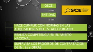 OSCE
ENTIDAD
HACE CUMPLIR CON NORMAS EN LAS
ADQUISICIONES DEL ESTADO PERUANO
REALIZA COMPETENCIA EN EL AMBITO
NACIONAL
SUPERVISA LOS PROCESOS DE CONTRATACION
DE Bs, Ss y OBRAS.
es una
la cual
 