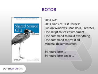 ROTOR	
  
500K	
  LoC	
  
500K	
  Lines-­‐of-­‐Test	
  Harness	
  
Ran	
  on	
  Windows,	
  Mac	
  OS	
  X,	
  FreeBSD	
  ...