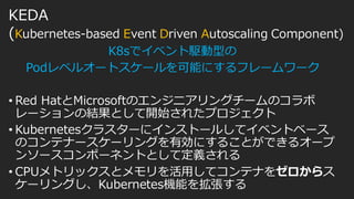 KEDA
(Kubernetes-based Event Driven Autoscaling Component)
K8sでイベント駆動型の
Podレベルオートスケールを可能にするフレームワーク
• Red HatとMicrosoftのエンジニアリングチームのコラボ
レーションの結果として開始されたプロジェクト
• Kubernetesクラスターにインストールしてイベントベース
のコンテナースケーリングを有効にすることができるオープ
ンソースコンポーネントとして定義される
• CPUメトリックスとメモリを活用してコンテナをゼロからス
ケーリングし、Kubernetes機能を拡張する
 