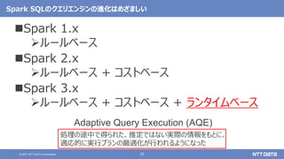 25
© 2021 NTT DATA Corporation
Spark SQLのクエリエンジンの進化はめざましい
Spark 1.x
ルールベース
Spark 2.x
ルールベース + コストベース
Spark 3.x
ルールベース + コストベース + ランタイムベース
処理の途中で得られた、推定ではない実際の情報をもとに、
適応的に実行プランの最適化が行われるようになった
Adaptive Query Execution (AQE)
 