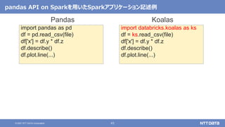 43
© 2021 NTT DATA Corporation
pandas API on Sparkを用いたSparkアプリケーション記述例
import pandas as pd
df = pd.read_csv(file)
df['x'] = df.y * df.z
df.describe()
df.plot.line(...)
import databricks.koalas as ks
df = ks.read_csv(file)
df['x'] = df.y * df.z
df.describe()
df.plot.line(...)
Pandas Koalas
 
