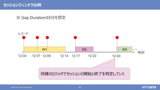 63
© 2021 NTT DATA Corporation
セッションウィンドウの例
W1
時刻
12:04 12:07 12:17 12:22 12:40
レコード
W2 W3
12:09 12:14
・・・
同様のロジックでセッションの開始と終了を判定していく
※ Gap Durationは5分を想定
 