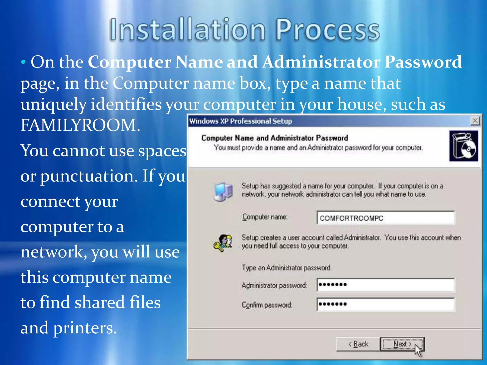 Installation Process Windows XP Setup begins. During this portion of setup, your mouse will not work, so you must use the keyboard. On the Welcome to Setup page, press ENTER.Installation Process On the Windows XP Licensing Agreement page, read the licensing agreement. Press the PAGE DOWN key to scroll to the bottom of the agreement. Then press F8.Installation Process Select the hard disk drive on which Windows XP will be installed. Please note that all data on the selected hard disk drive will be removed and cannot be recovered after this step. Installation Process We can select from the 3 options prompted by the installation CD. 1. To setup Windows XP on the selected item, press ENTER. 2. To create a partition in the unpartitioned space, press C 3. To deleted the selectedpartition press D. 