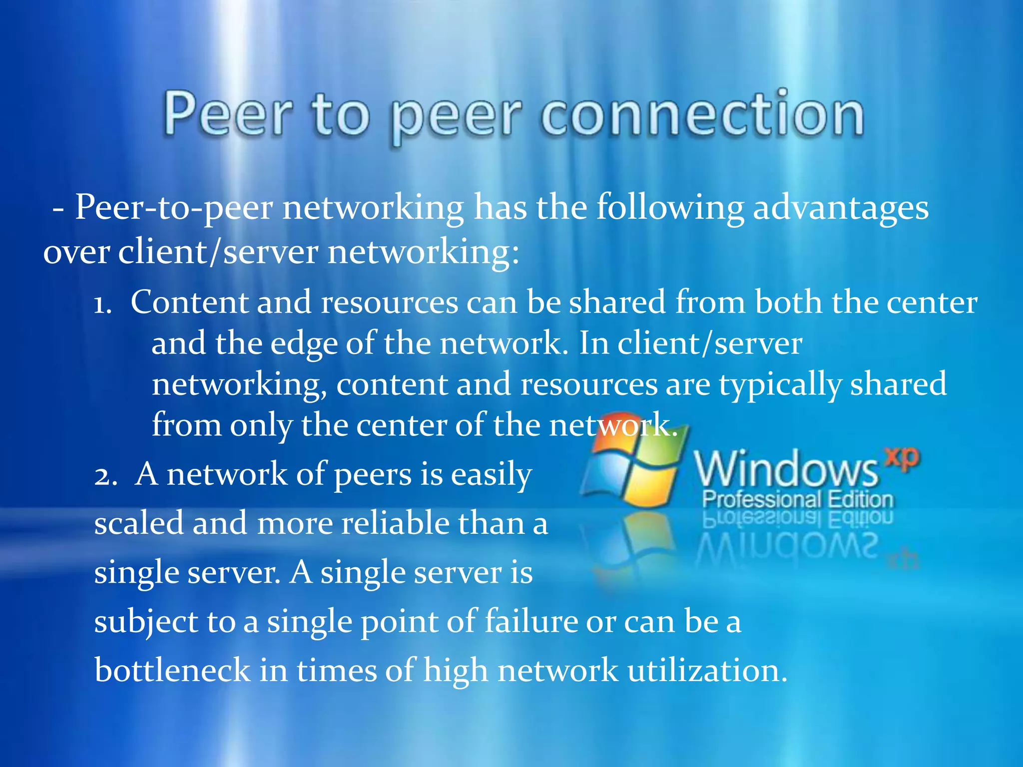 Real-Time Communications  - For RTC, peer-to-peer networking enables server less instant messaging and real-time matchmaking and game play.     1. Server less instant messaging : Computer users can chat and have voice or video conversations with their peers today. However, many of the existing programs and their  communications protocols  rely on servers to function. If you are participating in an ad-hoc wireless network or are a part of an isolated network, you are unable to use these RTC facilities. Peer-to-peer technology allows the extension of RTC technologies to these additional networking environments.