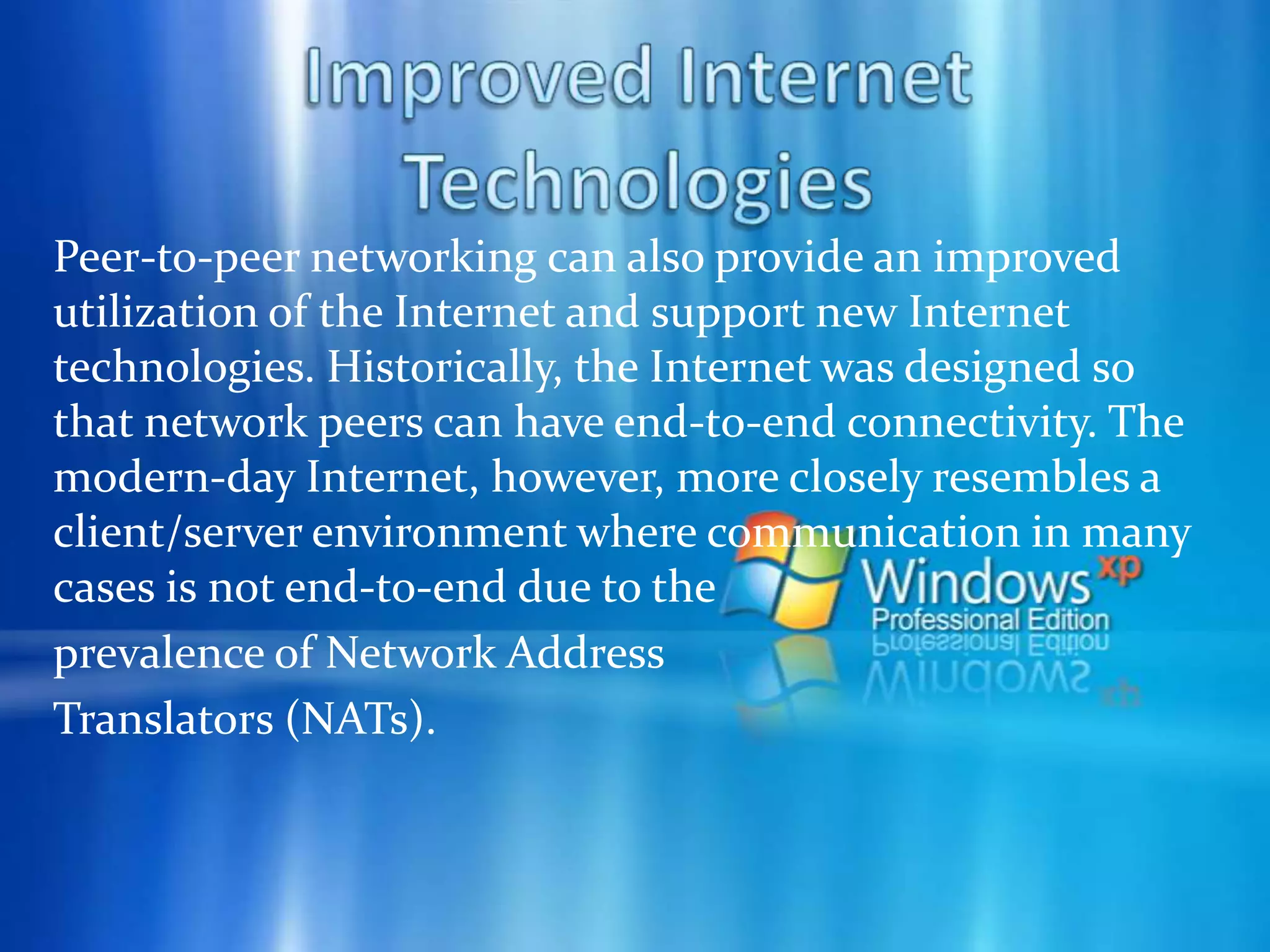 Set-up peer network in Windows XP Your network can connect up to six workstation in a workgroup, but here in our example we were just using 4. In a peer to peer network all the computers share their resources. Every computer can take over server functions and use the workgroup resources at the same time.Hardware – Network Card 		We need one network card per computer,                  		example shown is a LAN board.