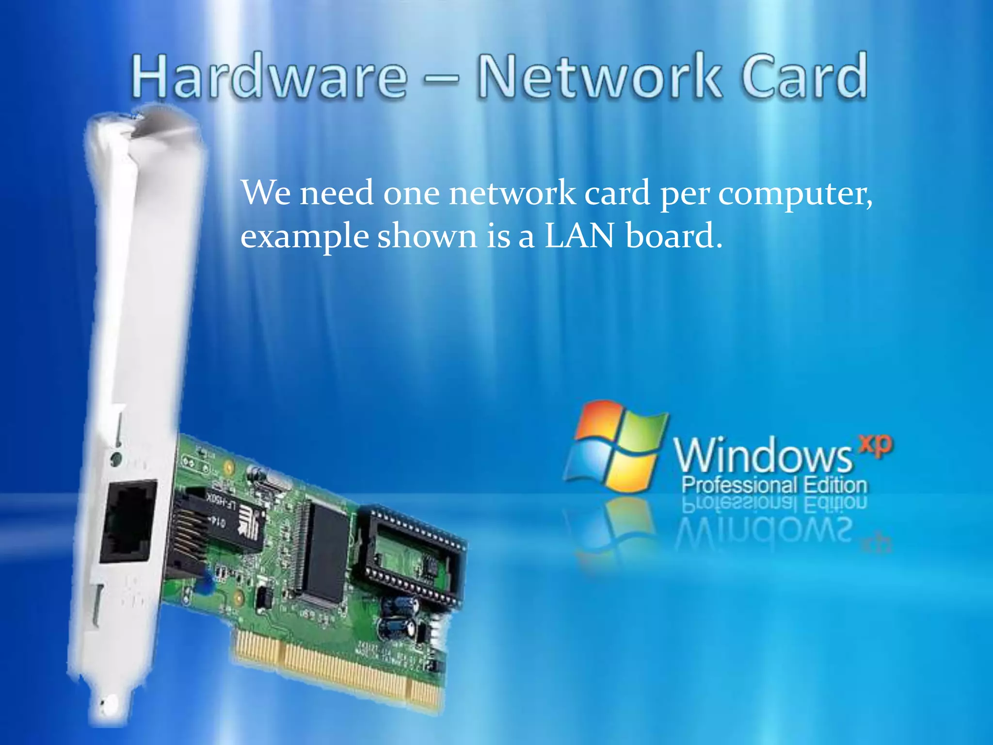 Connecting the Computers Install the signal distributor. Put it near a power outlet and where all the computers can easily access it. Follow these steps:    - Plug one end of the twisted pair cable into a network card and the other end into the hub or switch. Plug the signal distributor into a power outlet.