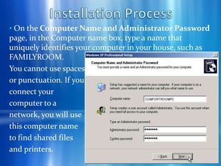 Installation Process Windows XP Setup begins. During this portion of setup, your mouse will not work, so you must use the keyboard. On the Welcome to Setup page, press ENTER.Installation Process On the Windows XP Licensing Agreement page, read the licensing agreement. Press the PAGE DOWN key to scroll to the bottom of the agreement. Then press F8.Installation Process Select the hard disk drive on which Windows XP will be installed. Please note that all data on the selected hard disk drive will be removed and cannot be recovered after this step. Installation Process We can select from the 3 options prompted by the installation CD. 1. To setup Windows XP on the selected item, press ENTER. 2. To create a partition in the unpartitioned space, press C 3. To deleted the selectedpartition press D. 