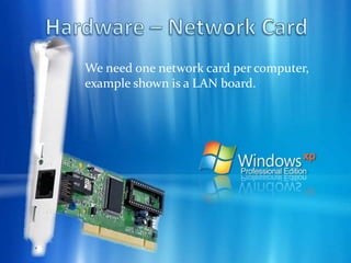 Connecting the Computers Install the signal distributor. Put it near a power outlet and where all the computers can easily access it. Follow these steps:    - Plug one end of the twisted pair cable into a network card and the other end into the hub or switch. Plug the signal distributor into a power outlet.