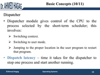 Dispatcher
• Dispatcher module gives control of the CPU to the
process selected by the short-term scheduler; this
involves...