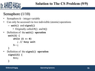 Semaphore (1/10)
79
©Ahmed Hagag Operating Systems
Solution to The CS Problem (9/9)
• Semaphore S – integer variable
• Can...