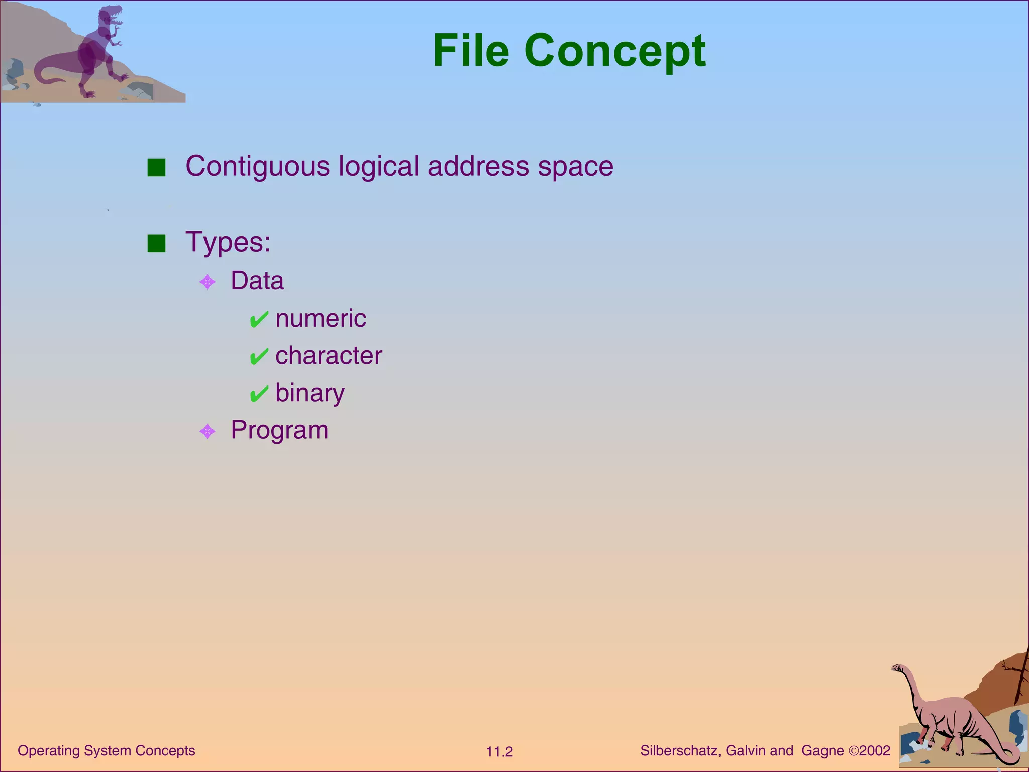 File Concept Contiguous logical address space Types:  Data numeric character binary Program 