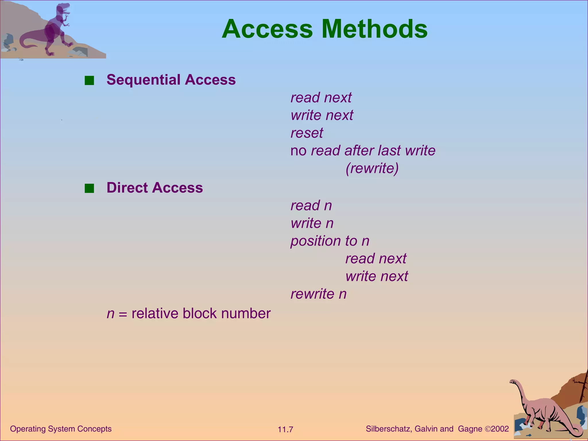 Access Methods Sequential Access read next write next  reset no  read after last write (rewrite) Direct Access read n write n position to n read next write next  rewrite n n  = relative block number 