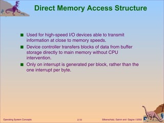 Direct Memory Access Structure Used for high-speed I/O devices able to transmit information at close to memory speeds. Device controller transfers blocks of data from buffer storage directly to main memory without CPU intervention. Only on interrupt is generated per block, rather than the one interrupt per byte. 