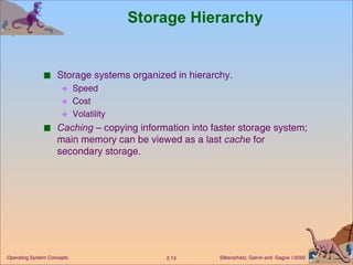 Storage Hierarchy Storage systems organized in hierarchy. Speed Cost Volatility Caching  – copying information into faster storage system; main memory can be viewed as a last  cache  for secondary storage. 