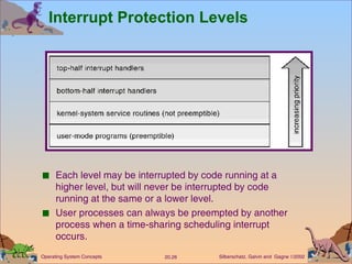 Interrupt Protection Levels Each level may be interrupted by code running at a higher level, but will never be interrupted by code running at the same or a lower level. User processes can always be preempted by another process when a time-sharing scheduling interrupt occurs. 