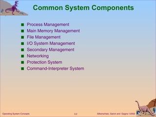 Common System Components Process Management  Main Memory Management File Management I/O System Management Secondary Management Networking Protection System Command-Interpreter System 