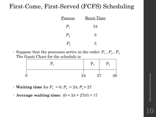 First-Come, First-Served (FCFS) Scheduling
Process Burst Time
P1 24
P2 3
P3 3
• Suppose that the processes arrive in the order: P1 , P2 , P3
The Gantt Chart for the schedule is:
• Waiting time for P1 = 0; P2 = 24; P3 = 27
• Average waiting time: (0 + 24 + 27)/3 = 17
Operating
System
Concepts
P1 P2 P3
24 27 30
0
10
 