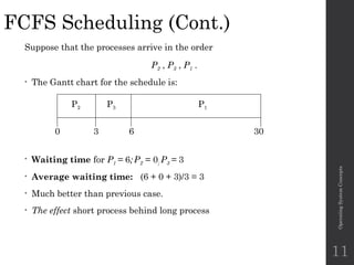 FCFS Scheduling (Cont.)
Suppose that the processes arrive in the order
P2 , P3 , P1 .
• The Gantt chart for the schedule is:
• Waiting time for P1 = 6; P2 = 0; P3 = 3
• Average waiting time: (6 + 0 + 3)/3 = 3
• Much better than previous case.
• The effect short process behind long process
Operating
System
Concepts
P1
P3
P2
6
3 30
0
11
 