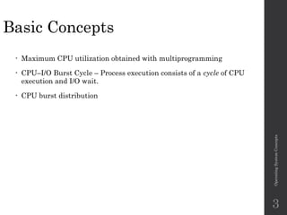 Basic Concepts
• Maximum CPU utilization obtained with multiprogramming
• CPU–I/O Burst Cycle – Process execution consists of a cycle of CPU
execution and I/O wait.
• CPU burst distribution
Operating
System
Concepts
3
 