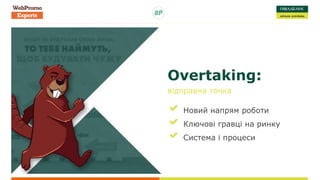 Overtaking:
відправна точка
Новий напрям роботи
Ключові гравці на ринку
Система і процеси
 