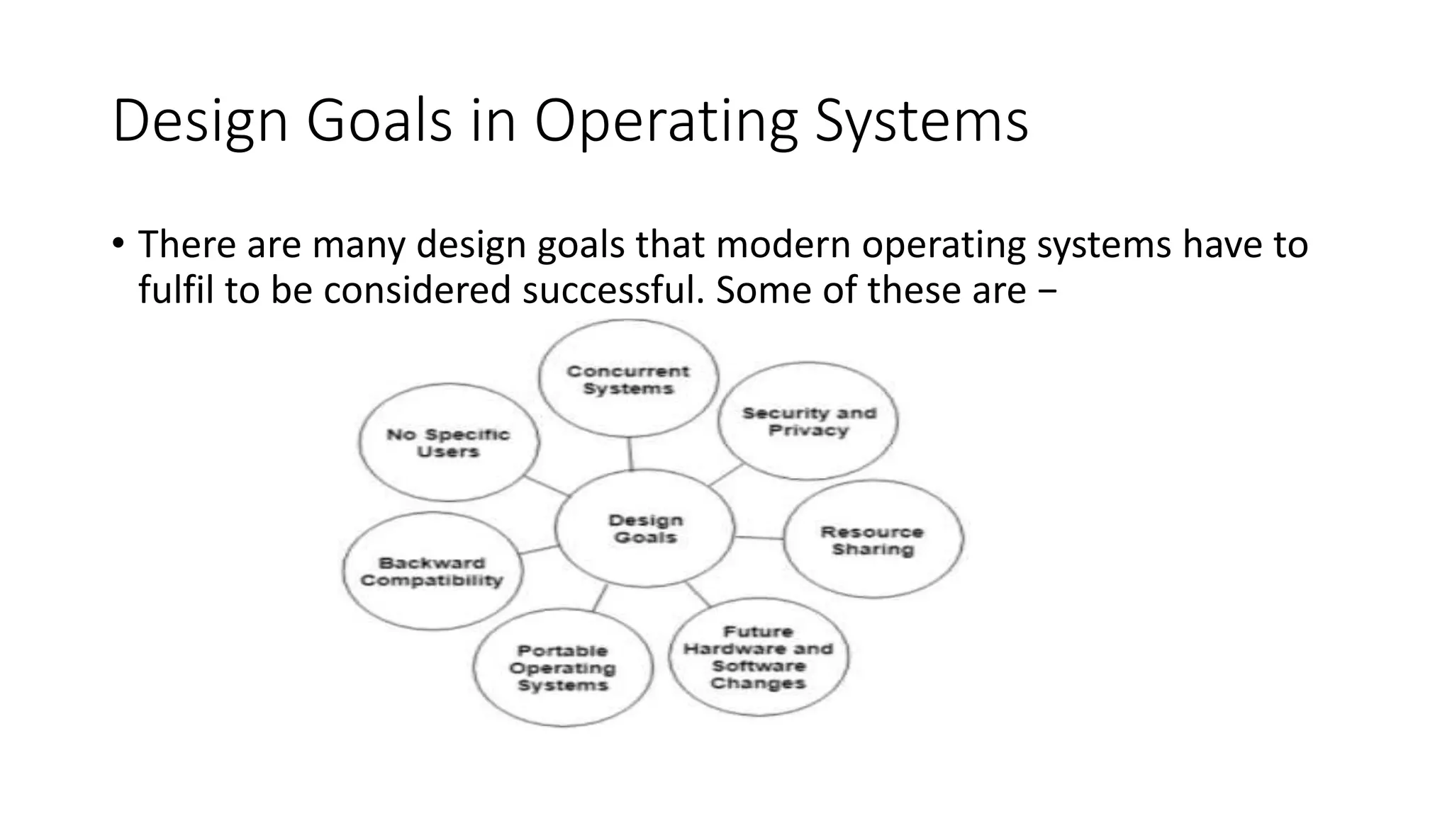 Design Goals in Operating Systems
• There are many design goals that modern operating systems have to
fulfil to be considered successful. Some of these are −
 
