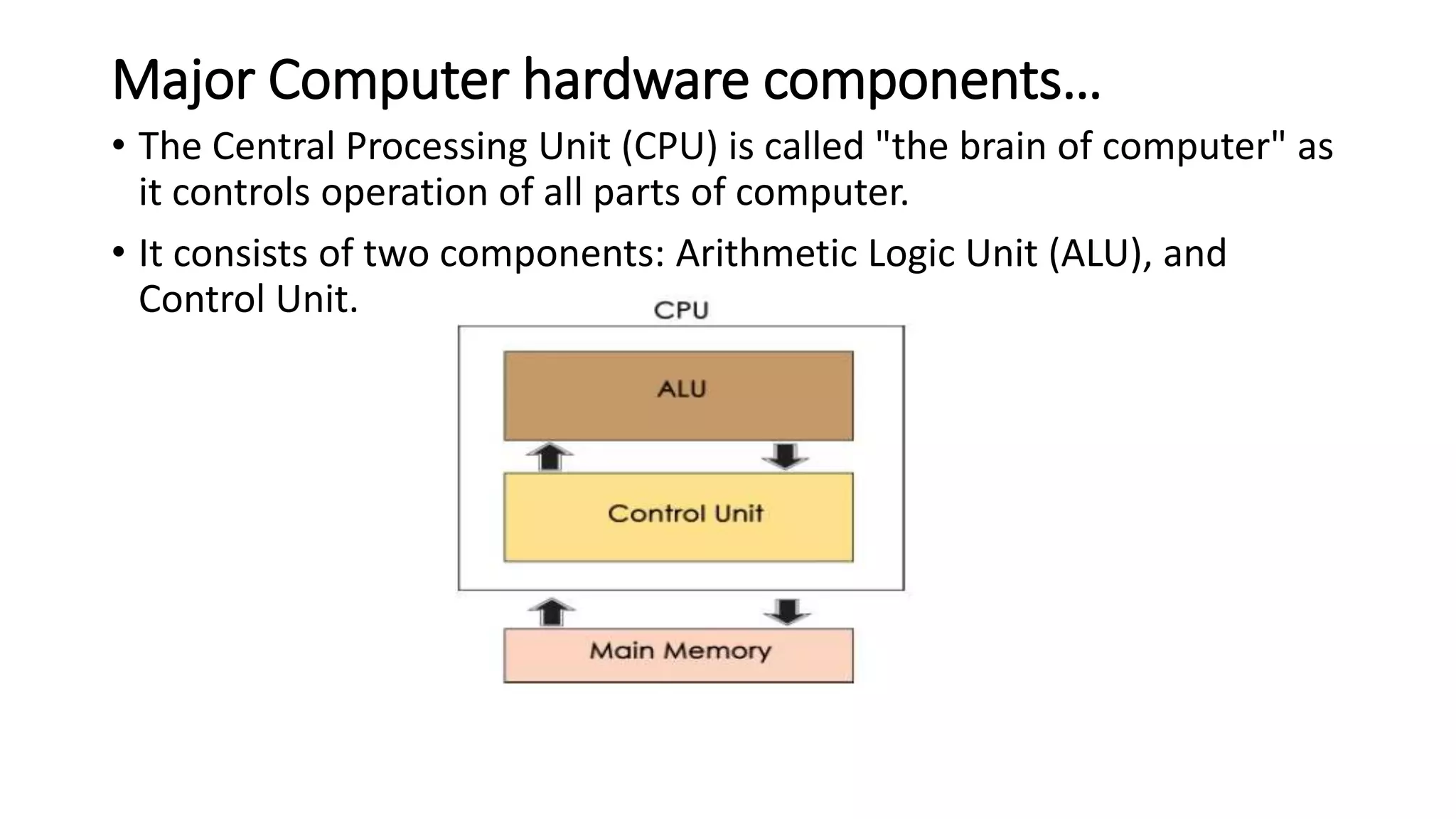 Major Computer hardware components…
• The Central Processing Unit (CPU) is called "the brain of computer" as
it controls operation of all parts of computer.
• It consists of two components: Arithmetic Logic Unit (ALU), and
Control Unit.
 
