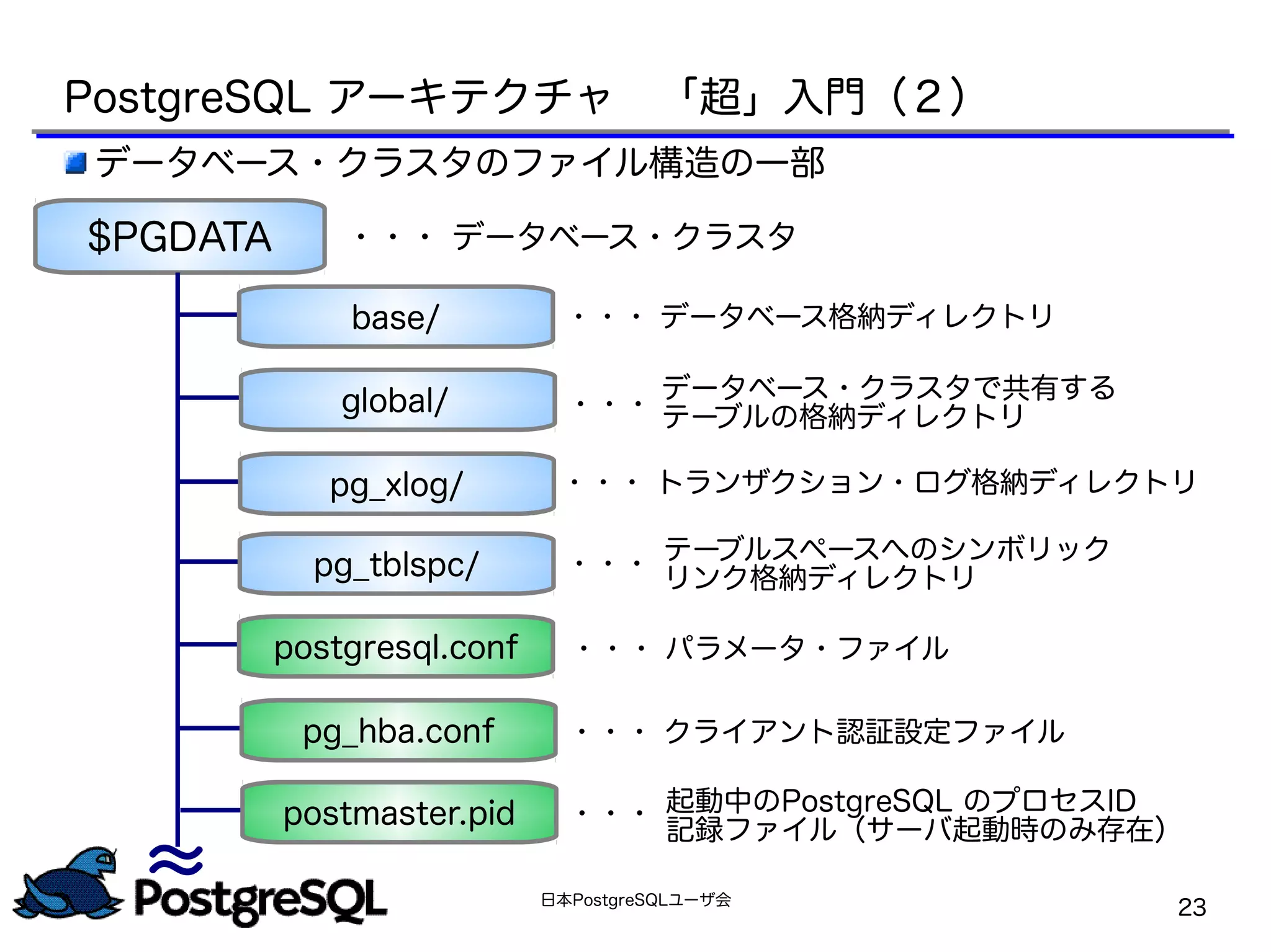 日本PostgreSQLユーザ会
23
データベース・クラスタのファイル構造の一部
～
$PGDATA
～
・・・ データベース・クラスタ
・・・ トランザクション・ログ格納ディレクトリ
・・・ パラメータ・ファイル
・・・ クライアント認証設定ファイル
データベース・クラスタで共有する
テーブルの格納ディレクトリ
postmaster.pid
pg_hba.conf
postgresql.conf
global/
pg_tblspc/
base/
テーブルスペースへのシンボリック
リンク格納ディレクトリ
・・・
・・・ データベース格納ディレクトリ
・・・
起動中のPostgreSQL のプロセスID
記録ファイル（サーバ起動時のみ存在）
・・・
PostgreSQL アーキテクチャ　「超」入門（２）
pg_xlog/
 