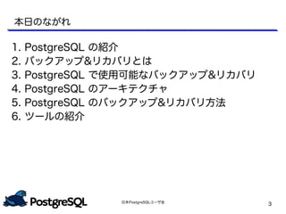 日本PostgreSQLユーザ会
3
本日のながれ
1. PostgreSQL の紹介
2. バックアップ&リカバリとは
3. PostgreSQL で使用可能なバックアップ&リカバリ
4. PostgreSQL のアーキテクチャ
5. PostgreSQL のバックアップ&リカバリ方法
6. ツールの紹介
 