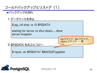日本PostgreSQLユーザ会
34
コールドバックアップとリストア（１）
バックアップの流れ
1.データベースを停止
2.$PGDATA を丸ごとコピー
$ pg_ctl stop -w -D $PGDATA
waiting for server to shut down.... done
server stopped
$ rsync -av $PGDATA/ $BACKUP/pgdata
cpコマンド, tarコマンド,
rsyncコマンド … 等
 