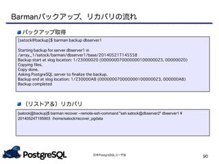 日本PostgreSQLユーザ会
90
バックアップ取得
（リストア＆）リカバリ
[satock@backup]$ barman backup dbserver1
Starting backup for server dbserver1 in
/array_1/satock/barman/dbserver1/base/20140521T145558
Backup start at xlog location: 1/23000020 (000000070000000100000023, 00000020)
Copying files.
Copy done.
Asking PostgreSQL server to finalize the backup.
Backup end at xlog location: 1/230000A8 (000000070000000100000023, 000000A8)
Backup completed
Barmanバックアップ、リカバリの流れ
[satock@backup]$ barman recover --remote-ssh-command "ssh satock@dbserver2" dbserver1 ¥
20140524T195903 /home/satock/recover_pgdata
 