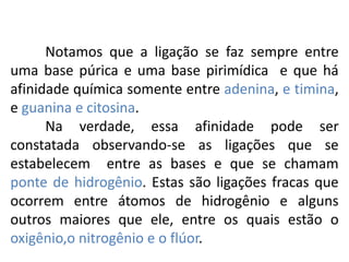 Notamos que a ligação se faz sempre entre
uma base púrica e uma base pirimídica e que há
afinidade química somente entre adenina, e timina,
e guanina e citosina.
Na verdade, essa afinidade pode ser
constatada observando-se as ligações que se
estabelecem entre as bases e que se chamam
ponte de hidrogênio. Estas são ligações fracas que
ocorrem entre átomos de hidrogênio e alguns
outros maiores que ele, entre os quais estão o
oxigênio,o nitrogênio e o flúor.
COMPONENTE CURRICULAR: BIOLOGIA - Série 1º Ano
Tópico: Os ácidos nucleicos (DNA): composição e estrutura molecular
 