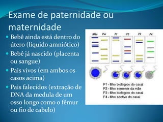Exame de paternidade ou
 maternidade
 Bebê ainda está dentro do
  útero (líquido amniótico)
 Bebê já nascido (placenta
  ou sangue)
 Pais vivos (em ambos os
  casos acima)
 Pais falecidos (extração de
  DNA da medula de um
  osso longo como o fêmur
  ou fio de cabelo)
 