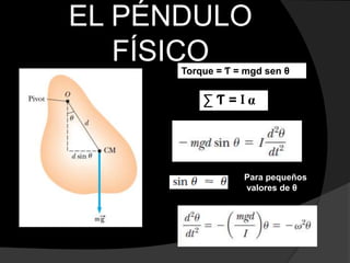 EL PÉNDULO
FÍSICO
Torque = Ƭ = mgd sen θ
∑ Ƭ = I α
Para pequeños
valores de θ
 