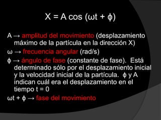 X = A cos (ωt + ϕ)
A → amplitud del movimiento (desplazamiento
máximo de la partícula en la dirección X)
ω → frecuencia angular (rad/s)
ϕ → ángulo de fase (constante de fase). Está
determinado sólo por el desplazamiento inicial
y la velocidad inicial de la partícula. ϕ y A
indican cuál era el desplazamiento en el
tiempo t = 0
ωt + ϕ → fase del movimiento
 