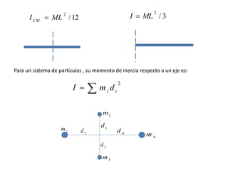 I  ML / 3
                                                              2
      I CM  ML / 12
                     2




Para un sistema de partículas , su momento de inercia respecto a un eje es:


                                 m
                                                   2
                         I               i
                                              di

                                      m1
                                     d1
                    m2      d2                     d4
                                                            m4
                                     d3

                                      m3
 