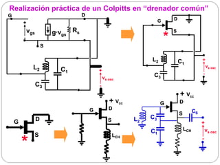 Realización práctica de un Colpitts en “drenador común”
G                                    D
                                                                        G       D
        +
            vgs           g·vgs Rs                                              S
        -                                                                   *
                      S

                                                                   L2               C1             +
              L2            C1               +
                                                                                                       vs osc

                                                                    C3                             -
                                                 vs osc
                  C3                         -
                                                                                    + Vcc
                                                    + Vcc               G           D
                                         G          D
                                                                                    S         CS
                  D                                 S         L2   C3
    G                                                                                              +
                                                                   C1                   LCH            vs osc
              S
        *
                                                        LCH
                                                                                                   -
 