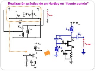 Realización práctica de un Hartley en “fuente común”
G                               D
    +                                 +
         vgs       g·vgs   Rs             vs osc
     -                                -
               S
                                                              + Vcc
          C2
                      L1                                 L1
          L3                                                      CD
                                                   C2                  +
                                                              D
                                                    G
                            + Vcc                                          vs osc
                                LCH                L3         S        -
                                                    CS
                            D
                      G
                            S
                     CS
 
