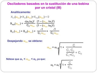 Osciladores basados en la sustitución de una bobina
                 por un cristal (III)
    Analíticamente:
    XC1(ωosc)+XC3(ωosc)+XXtal(ωosc) = 0
                  -(ω1/ω2)2 (1 – (ωosc /ω1)2)
   XXtal(ωosc) =                ·  
                     CO·ωosc (1 – (ωosc /ω2)2)
                                      -1         -1
   XC1(ωosc) + XC3(ωosc) =               +          
                                    C1·ωosc  C3·ωosc
    

 Despejando ωosc se obtiene:
                                                                 C
                                        ωosc = ω1    1 +        
                                                           C1·C3
                                                                   + CO
                                                           C1+C3
Nótese que ω 1 < ωosc < ω 2 ya que:
                                                             C
                                            ω2 = ω1    1 +        
                                                             CO
 