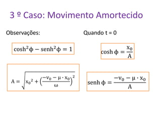 3 º Caso: Movimento Amortecido
Observações:
cosh2ϕ − senh2ϕ = 1
A = x0
2 +
−v0 − μ ∙ x0
ω
2
Quando t = 0
cosh ϕ =
x0
A
senh ϕ =
−v0 − μ ∙ x0
A
 