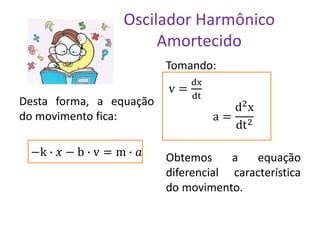 Oscilador Harmônico
Amortecido
Desta forma, a equação
do movimento fica:
−k ∙ 𝑥 − b ∙ v = m ∙ 𝑎
Tomando:
v =
dx
dt
a =
d2x
dt2
Obtemos a equação
diferencial característica
do movimento.
 