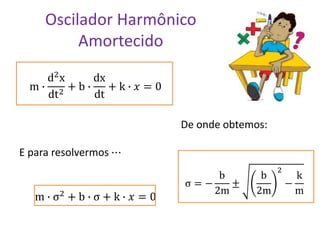 Oscilador Harmônico
Amortecido
m ∙
d2
x
dt2
+ b ∙
dx
dt
+ k ∙ 𝑥 = 0
E para resolvermos ⋯
m ∙ σ2
+ b ∙ σ + k ∙ 𝑥 = 0
De onde obtemos:
σ = −
b
2m
±
b
2m
2
−
k
m
 